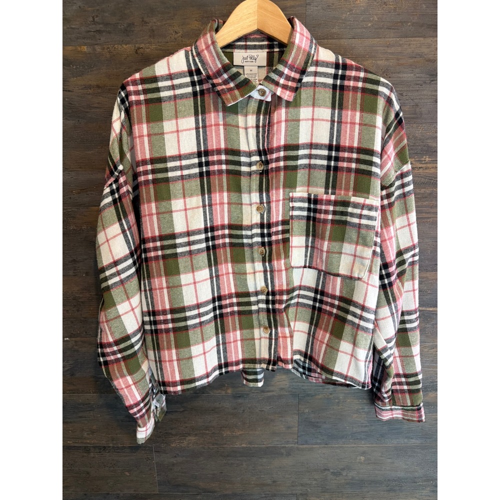 Just Polly New York Plaid Flannel Shirt Pink Olive Green Button Down Medium